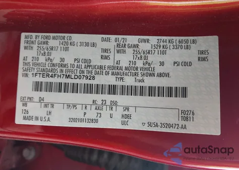 2021 Ford Ranger Xlt z USA, uszkodzony, nr VIN 1FTER4FH7MLD07928